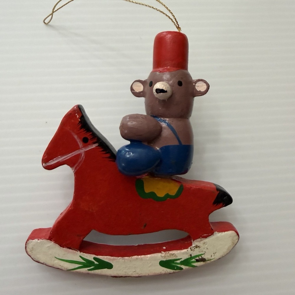 Vintage Wooden Bear Riding Rocking Horse Christmas Ornament Folk Art